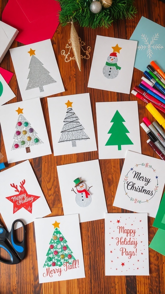 Handmade Christmas cards with various designs on a wooden table with crafting supplies.